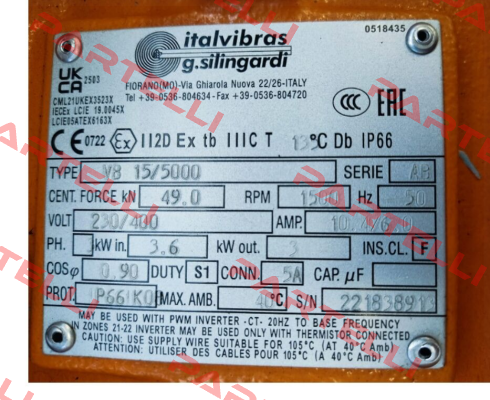VB 15/5000, 230/400 V, 50 Hz, 1500 1/min Italvibras