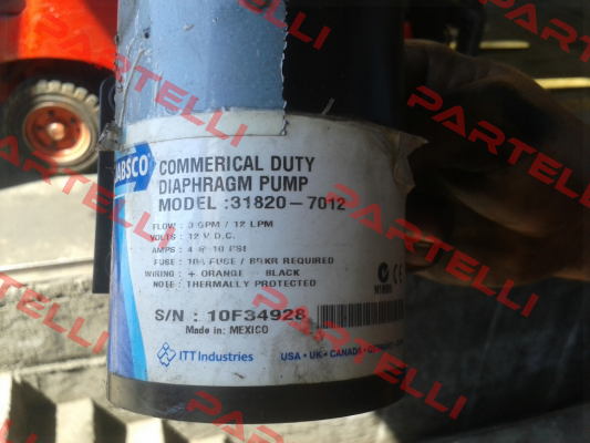 Model: 31820-7012  S/N: 10F34928  Jabsco