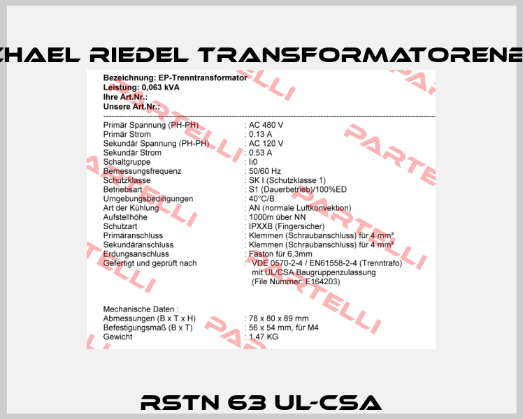 RSTN 63 UL-CSA Michael Riedel Transformatorenbau