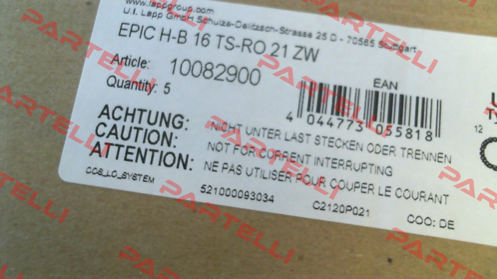 10082900 / EPIC H-B 16 TS-RO 21 ZW (pack x5) Lapp Kabel