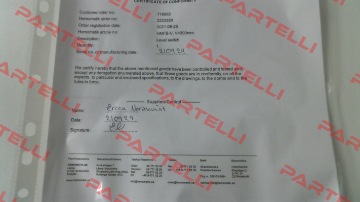 CERTIFICATE OF CONFORMITY  Hemomatik