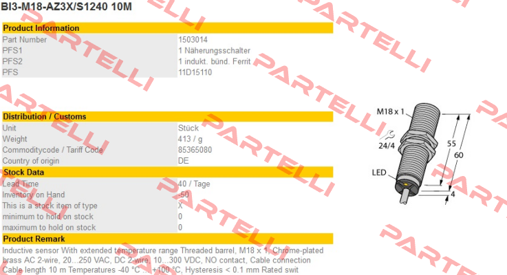BI3-M18-AZ3X/S1240 10M Turck