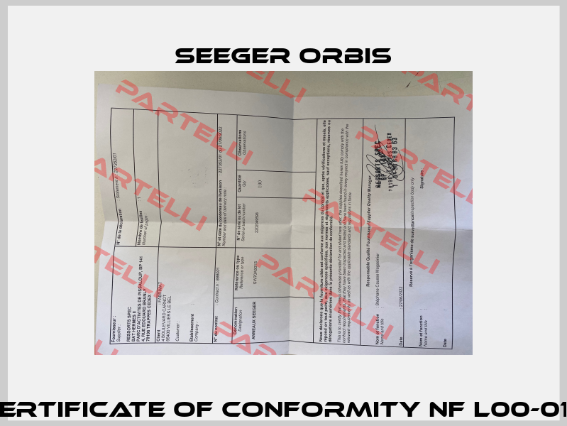 Certificate of conformity NF L00-015 Seeger Orbis